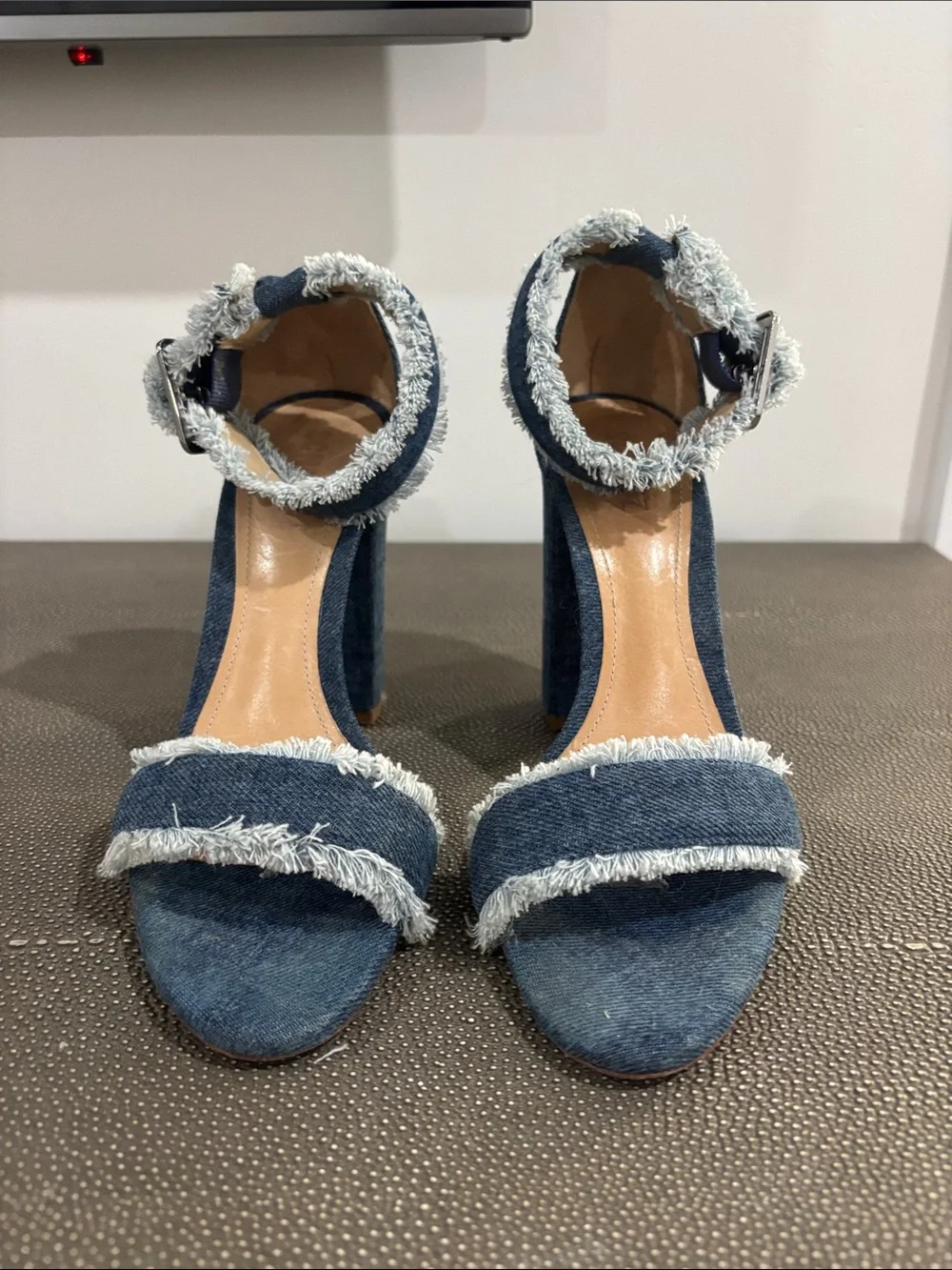 SCHUTZ Frayed Denim Ankle-Strap Block Heels - Blue